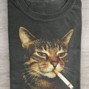 230g Washed Cat Print T-Shirt That Loves Smoking, High-Quality Wax Printed Cotton Retro Fashion Brand T-Shirt, Men's T-Shirt, Beach Must-Have, Men's Summer T-Shirt, Holiday Gift, Perfect Gift