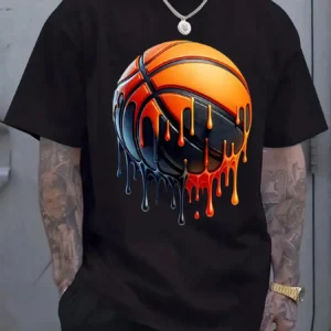 Melting Basketball Pattern Print Men's Crew Neck Short Sleeve T-Shirt Fashion Regular Fit T-Shirt Spring Summer Vacation
