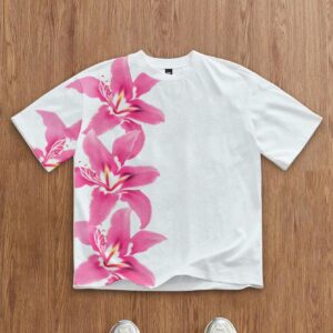 Manfinity Joysei Men's White And Pink Plant & Floral Tie-Dye Digital Print Regular Fit Short Sleeve T-Shirt,Summer,Casual,Streetwear,City Break Graphic Tee Tshirt