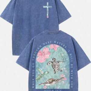 2026 Summer Clothes(230g T-Shirt) Loose Washed Cotton "When You Go Through Deep Waters" Turtle Graphic T-Shirt, Comfortable Christian Faith Tee With Bible Verse, Breathable Retro Streetwear - Gift ChoiceLoose And Comfortablesummer Tops
