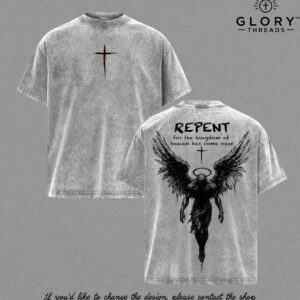 Repent Vintage Washed Oversized ChristianT-Shirt, Angel Wings Faith Graphic Tee,"Kingdom Of Heaven Has Come Near"Gospel Streetwear Top, Heavy Cotton UnisexRetro Worship Shirt