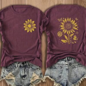 Double-Sided Printed Colored Cotton T-Shirt Comfortable, Stylish With Minimalist Design, Casual & Versatile, INS Style Sunflower And Butterfly Design 100 Percent Cotton Graphic T Shirts