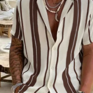 Men's Casual Colorblock Striped Short Sleeve Shirt, Comfortable Vacation Style