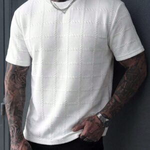 Men's Solid White Textured Knit Crew Neck Short Sleeve Casual Top