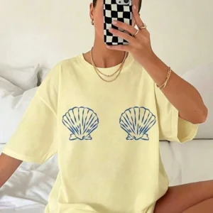Graphic TeesWomen's Tropical Shell Print Casual T-Shirt - High Elasticity Round Neck Short Sleeve Top, Machine Washable White Blue Summer Beachwear, All-Season Comfortable Fit, Breathable Fabric, Simple Design, Tops For Women, Vacation Outfits For Women100% CottonWomen's Casual Easter Cotton T-Shirt Soft Breathable Daily Tee