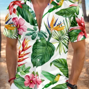 Manfinity RSRT Tropical Rainforest Banana Leaf & Floral Print Casual Slim Fit Short Sleeve Shirt, Island Vacation Style